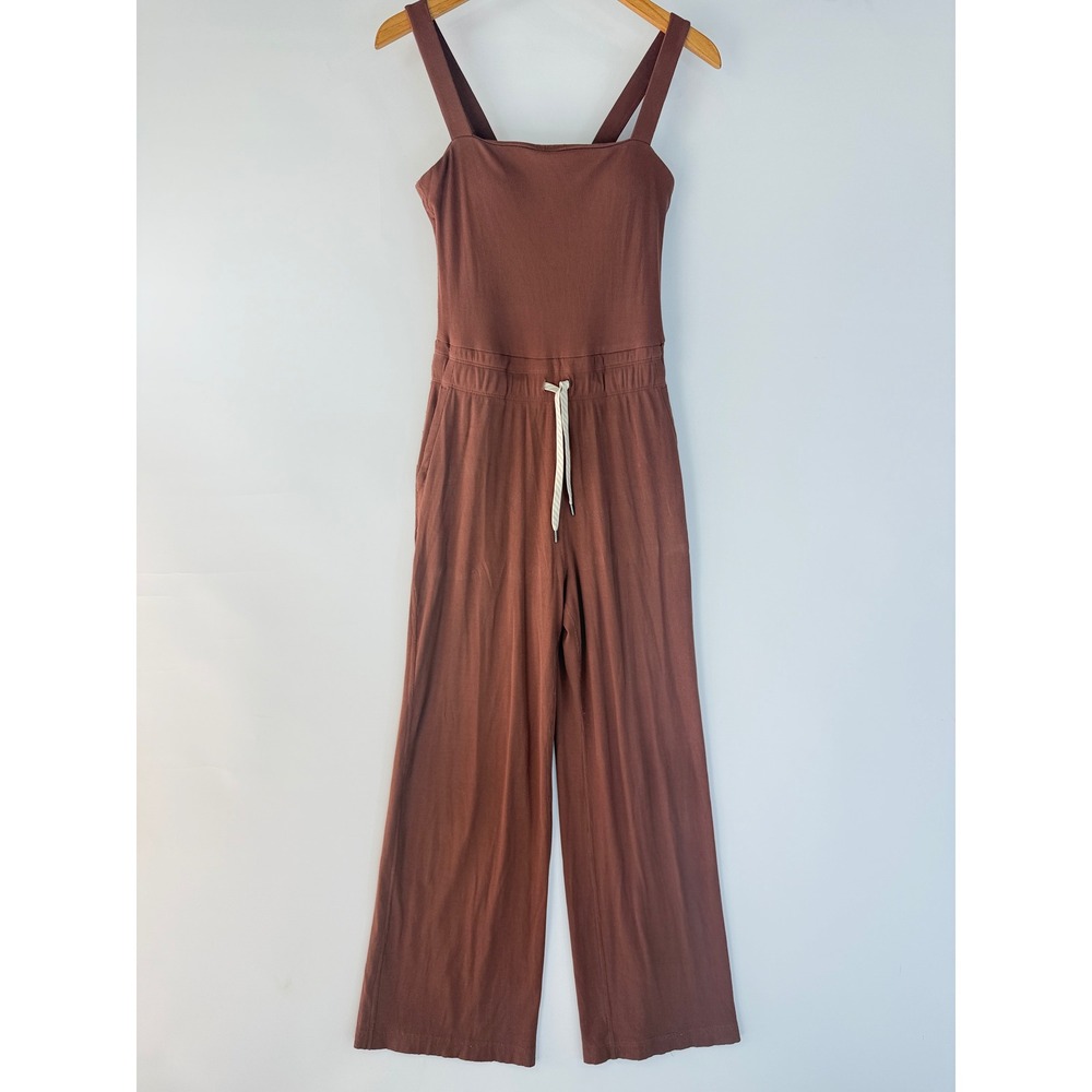 Vuori Lux Rib Jumpsuit Women Small Brown VW491 Wide Leg Built-in Bra Pocket